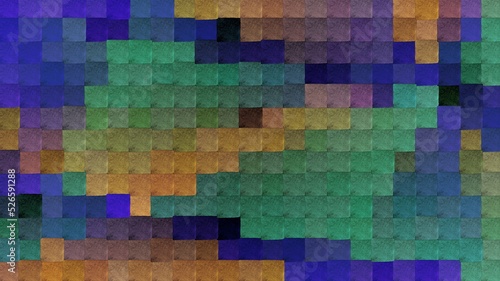 Abstract illustration featuring a mosaic or grid or tiles in yellow  green and blue