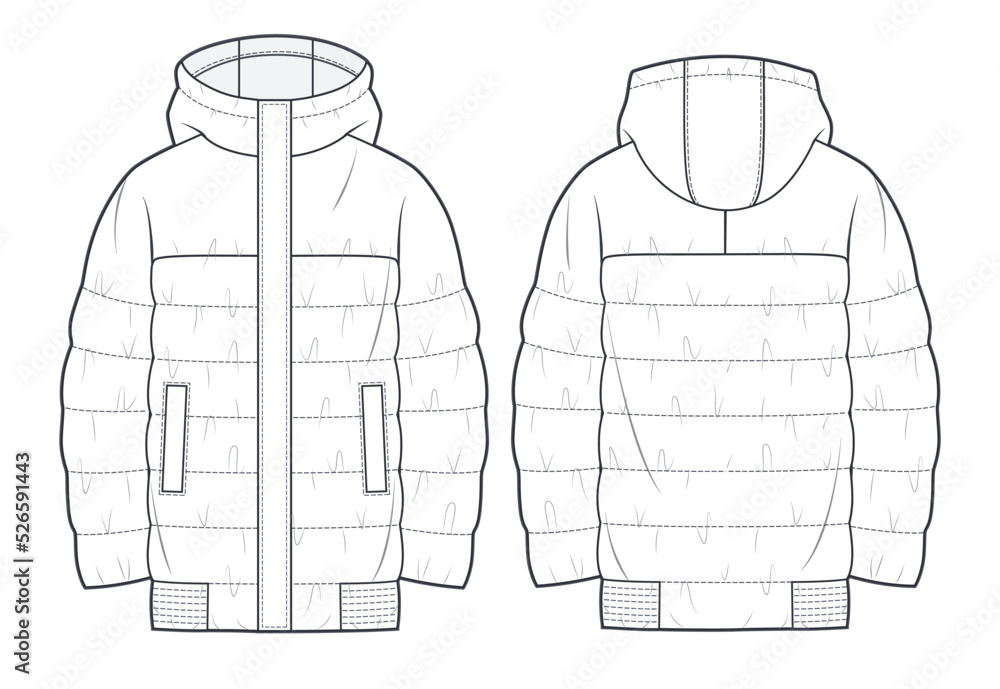 Unisex quilted padded Jacket technical fashion Illustration. Hooded