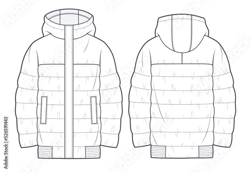 Unisex quilted padded Jacket technical fashion Illustration. Hooded puffer down Jacket technical drawing template, raglan long sleeve, front and back view, white, CAD mockup.