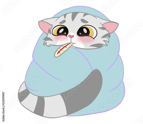 The sick American cat is covered by a big blanket and there is a thermometer in the mouth. Doodle and cartoon art.