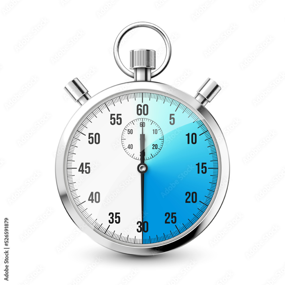 Realistic classic stopwatch icon. Shiny metal chronometer, time counter with dial. Blue countdown timer showing minutes and seconds. Time measurement for sport, start and finish. Vector illustration Realistic classic stopwatch icon. Shiny metal chronometer, time counter with dial. Blue countdown timer showing minutes and seconds. Time measurement for sport, start and finish. Vector illustration