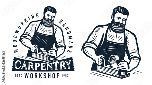 Carpenter with planing tool, carpentry work on wood emblem. Joinery, woodwork, woodworking badge or symbol vector