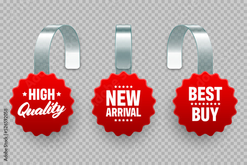 Supermarket promotional wobblers with ad text. Realistic vector wobbler template for shelf advertising. Sale or discount label. Special offer price tag.