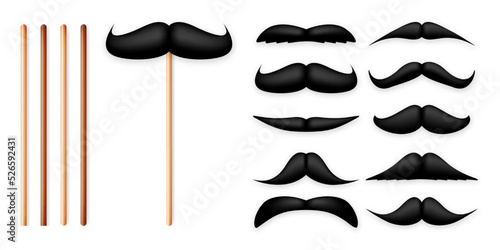 Realistic black mustache on a wooden stick. Fake paper mustache isolated on white background. Fashionable facial hair. Vintage design element. Creative vector illustration.