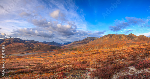 A panoramic view of North Fork Pass and the North Klondike River in Tombstone Territorial Park, Yukon