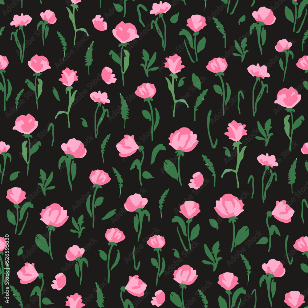 Hand drawn florals with leaves seamless repeat pattern. Wild flower plants all over surface print on black background. Hand drawn florals with leaves seamless repeat pattern. Wild flower plants all over surface print on black background.