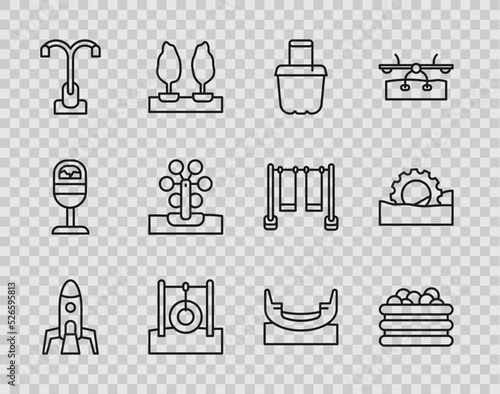 Set line Rocket ship, Pool with balls, Sand in bucket, Car tire hanging on rope, Street light, Ferris wheel, Boat swing and icon. Vector