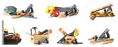 Set of carpenter's tools on white background photo