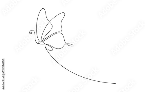 Butterfly in One continuous line drawing. Beautiful flying moth for wellbeing beauty or spa salon logo and divider concept in simple linear style. Editable stroke. Doodle vector illustration.