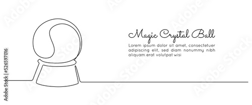 One continuous line drawing of Crystal ball. Mafic glass globe for concept predict fortune teller in simple linear style. Editable stroke. Doodle vector illustration.