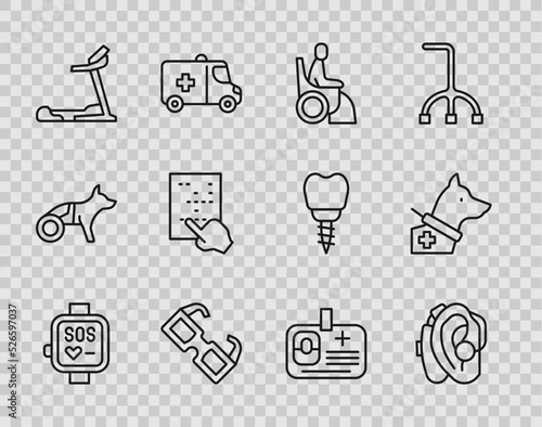 Set line Smart watch, Hearing aid, Woman wheelchair, Eyeglasses, Treadmill machine, Braille, Identification badge and Guide dog icon. Vector