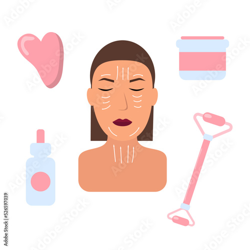 Portrait of pink facial massage gua sha vector illustration