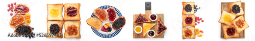 Collage of crunchy toasted bread with delicious jams on white background