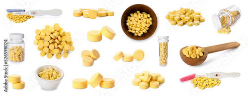 Fotografija Set of folic acid pills isolated on white