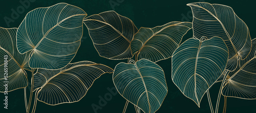 Dark art background with green and blue exotic leaves in golden line style. Botanical tropical banner for wall decoration, wallpaper, textile, decor, print, packaging.