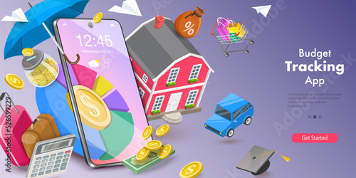 3D Vector Conceptual Illustration of Budget Tracking App, Personal Finance and Planning