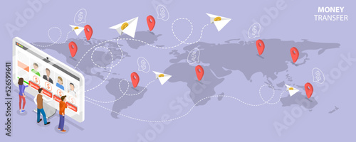 3D Isometric Flat Vector Conceptual Illustration of Money Transfer, Global Internet Banking