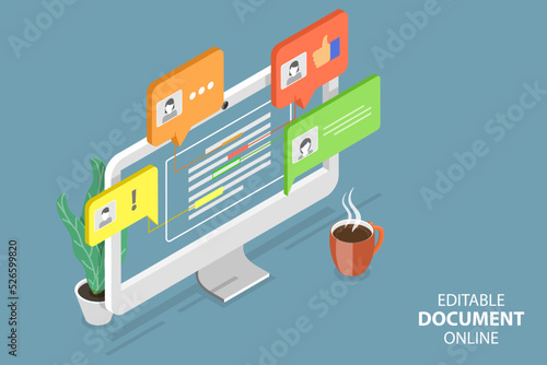 3D Isometric Flat Vector Conceptual Illustration of Editable Online Document, Digital Documentation and Version Control System