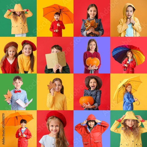 Set of cute children in autumn clothes on colorful background