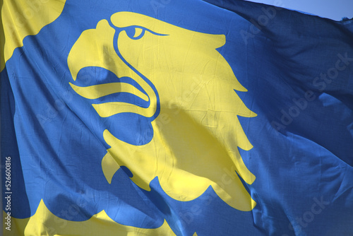 Die blau, gelbe Fahne der schwedischen Küstenwache, Kustbevakningen, mit dem gelben Adlerkopf. Die Küstenwache ist auch für den Grenzschutz des schwedischen Gebietes an seinen Seegrenzen zuständig. photo