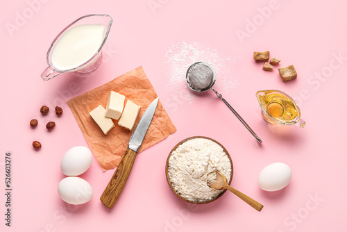 Billede på lærred Composition with different ingredients for baking on pink background