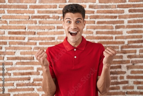 Young hispanic man standing over bricks wall celebrating surprised and amazed for success with arms raised and open eyes. winner concept.