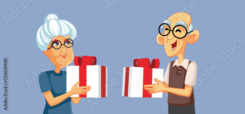 Senior Couple Exchanging Anniversary Gifts Vector Cartoon Illustration. Elderly husband and wife exchanging Christmas presets
