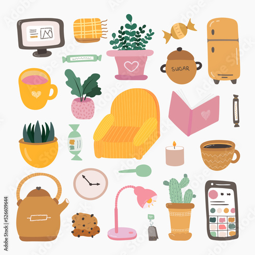 Set with hand drawn clipart of cozy home. Beautiful flat retro vector illustration. Scandinavian room interior decoration. Cozy apartment with armchair, home plants, computer, book, candle, mugs, tea