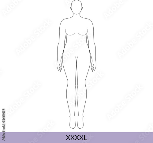 XXXXL Women Fashion template 9 nine head size Croquis over plus size with main lines Lady model Curvy body figure front view. Vector outline girl for Design, Illustration, technical drawing