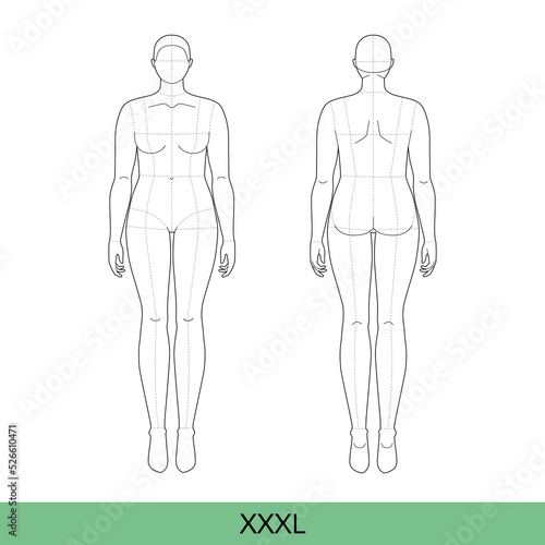 Set of XXXL Women Fashion template 9 nine head size Croquis over size Lady model Curvy body figure front, back view. Vector outline girl for Fashion Design, Illustration, technical drawing