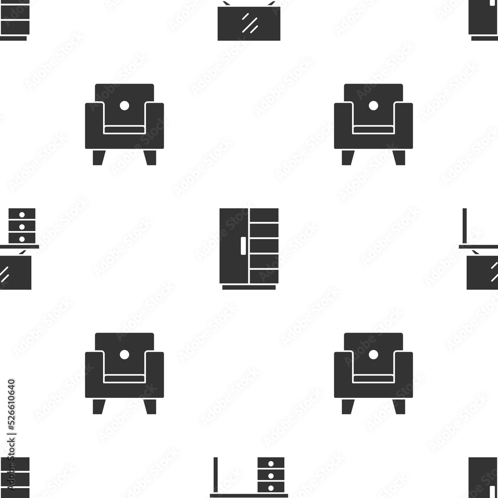 Set TV table stand, Wardrobe and Armchair on seamless pattern. Vector