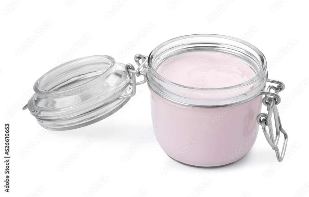 Jar of tasty organic yogurt isolated on white Jar of tasty organic yogurt isolated on white