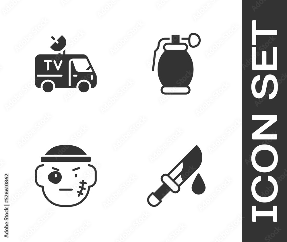 Set Bloody knife, TV News car, Bandit and Hand grenade icon. Vector Set Bloody knife, TV News car, Bandit and Hand grenade icon. Vector