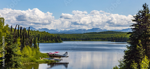 Floatplane docked on a peaceful, secluded lake with partial cloudy blue sky 