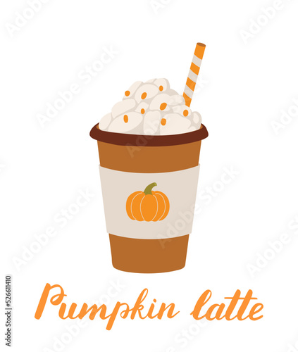 Pumpkin spice latte in paper cup flat vector illustration. Autumn coffee to go. Fall season hot sweet drink. Takeaway cappuccino