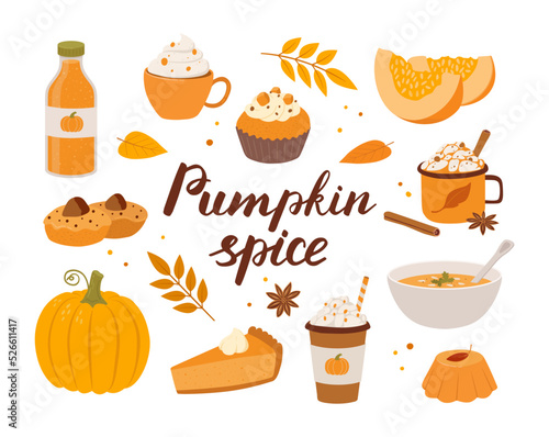 Set of pumpkin spice seasonal flavored products, coffee, latte, cake, soup, smoothie. Autumn food and drinks isolated on white background. Collection of tasty sweet desserts.