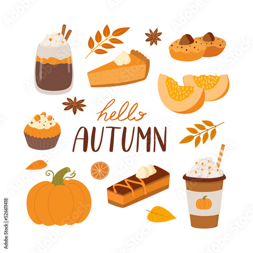 Set of pumpkin spice latte, pie, squash, cake, soup, smoothie. Autumn food and hot drinks isolated on white background. Collection of tasty sweet desserts.