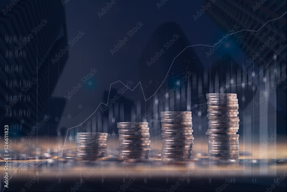 Naklejka premium Business Financial and Saving Money concept.Money coin stack for growing with piggy bank,income growing in the future,Business Finance, Earning, benefits, Capital,Save Money, fund,bond,Market growth