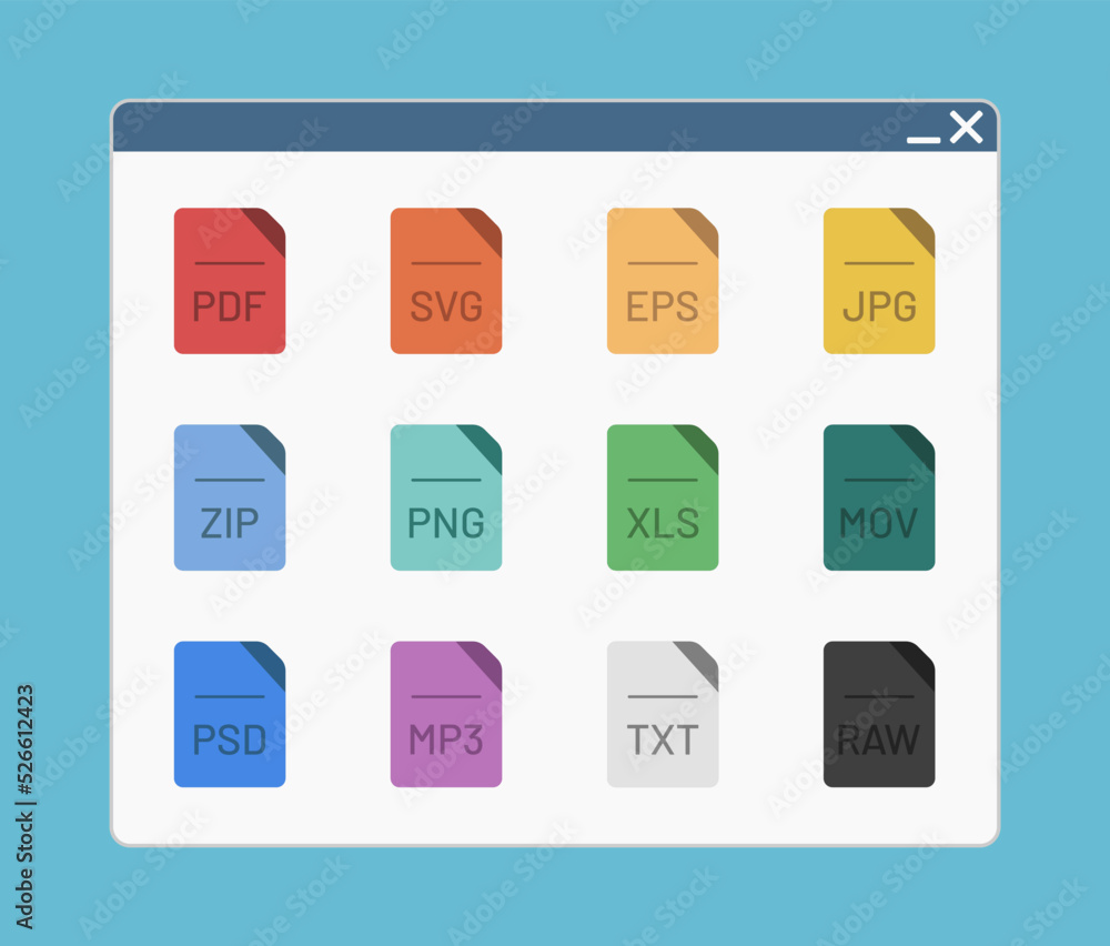 desktop interface window with shape icon file format zip xls psd jpg ...