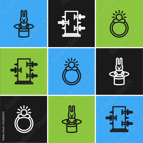 Set line Magician hat and rabbit, stone ring with gem and Trunk for magic tricks icon. Vector