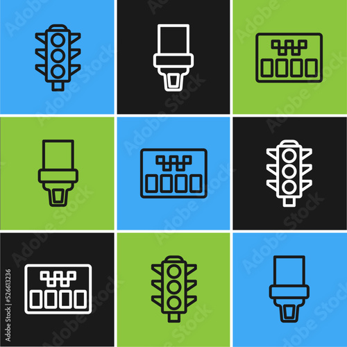 Set line Traffic light, Taximeter and Safety belt icon. Vector