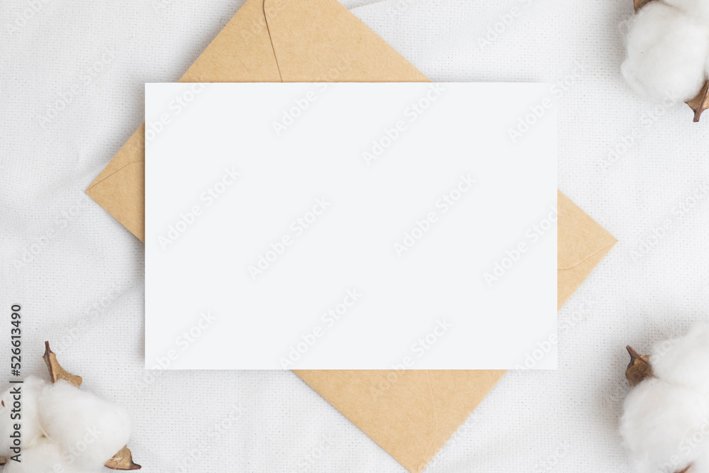 Greeting card mockup with Cotton flower and craft envelop, Wedding cards. Birthday card Mockup for Template Greeting card mockup with Cotton flower and craft envelop, Wedding cards. Birthday card Mockup for Template