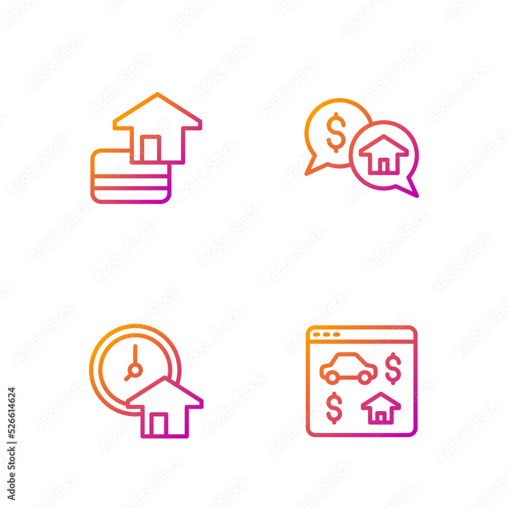 Set line Online real estate, Time is money, Credit card and Price negotiation. Gradient color icons. Vector Set line Online real estate, Time is money, Credit card and Price negotiation. Gradient color icons. Vector