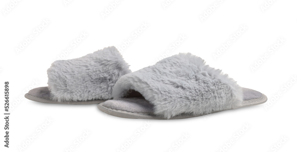 Pair of soft fluffy slippers on white background Pair of soft fluffy slippers on white background