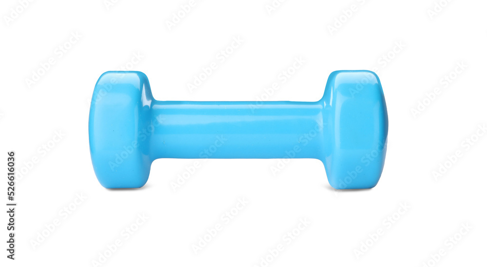 Light blue dumbbell isolated on white. Weight training equipment Light blue dumbbell isolated on white. Weight training equipment