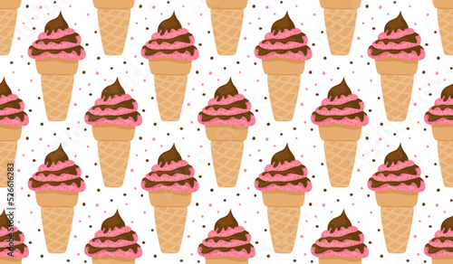 Choco raspberry icecream waffle horn seamless pattern flat. Doodle sloppy style sticker label dairy summer kid holiday biz handmade wrapping paper print fabric textile wallpaper festive background