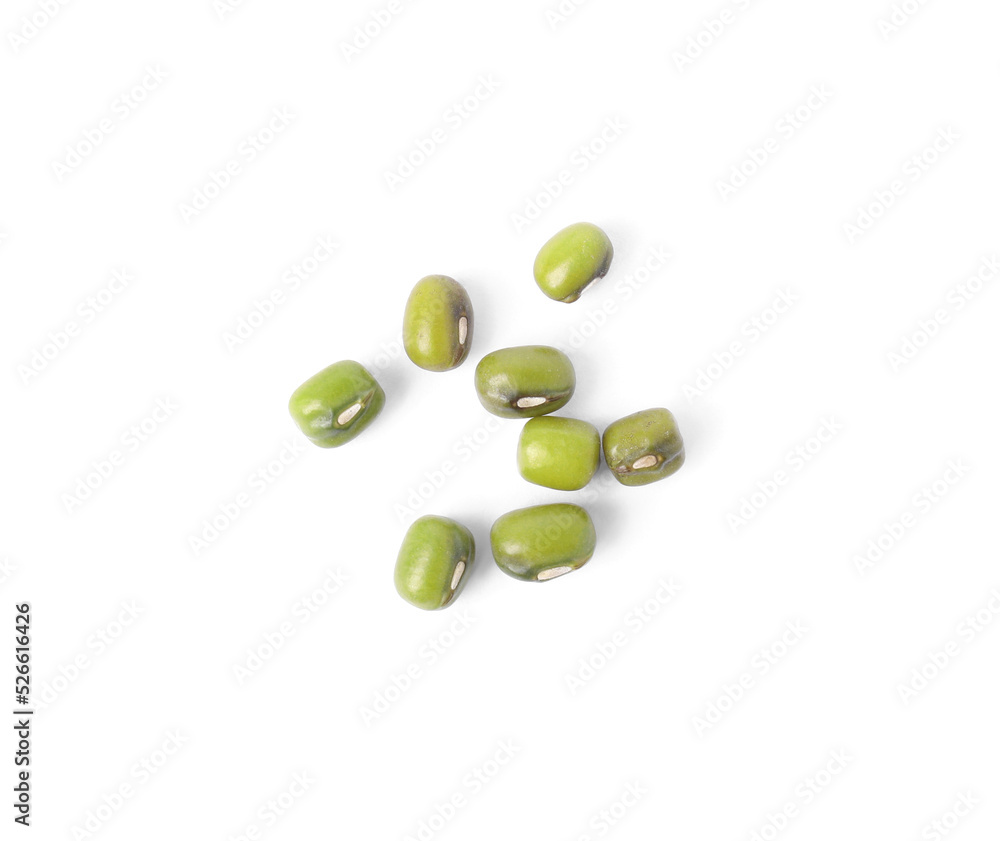 Green mung beans on white background, top view. Organic grains Green mung beans on white background, top view. Organic grains
