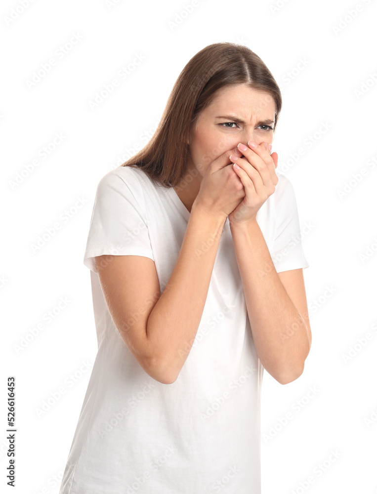 Woman suffering from nausea on white background. Food poisoning Woman suffering from nausea on white background. Food poisoning