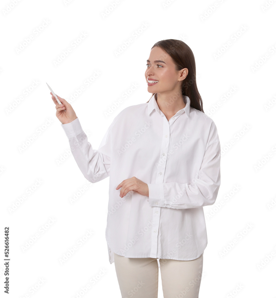 Beautiful woman pointing at something with pen on white background. Weather forecast reporter Beautiful woman pointing at something with pen on white background. Weather forecast reporter