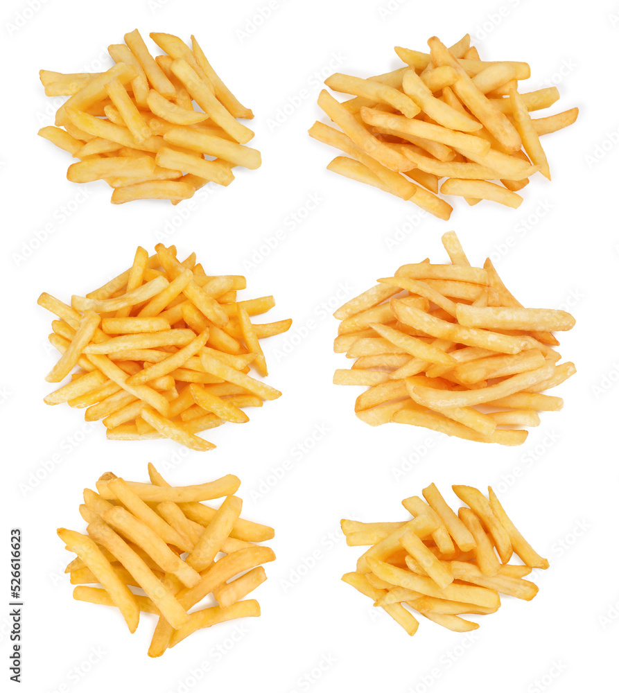 Set of delicious french fries on white background, top view Set of delicious french fries on white background, top view